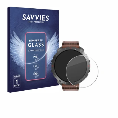 Front side of a product packaging with the brand logo Savvies. Next to it is the device Polar Grit X2 Pro Titan shown with the