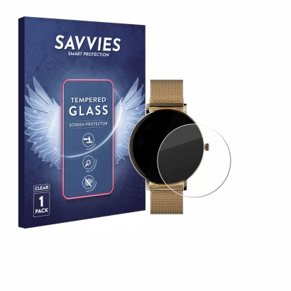 Front side of a product packaging with the brand logo Savvies. Next to it is the device ZenWatch Venice Pro shown with the cor