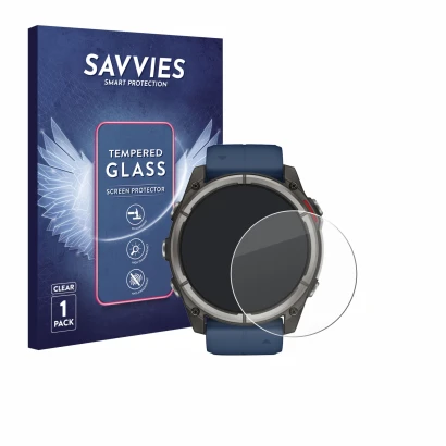 Front side of a product packaging with the brand logo Savvies. Next to it is the device Garmin quatix 8 (51 mm) shown with the