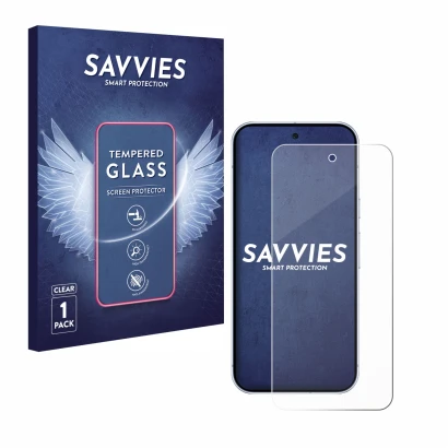 Front side of a product packaging with the brand logo Savvies. Next to it is the device Google Pixel 10 Pro shown with the cor