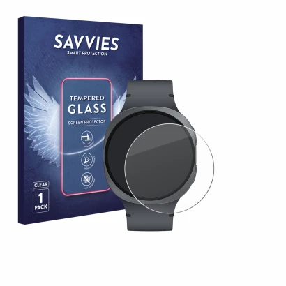 Front side of a product packaging with the brand logo Savvies. Next to it is the device Samsung Galaxy Watch 8 (44 mm) shown w