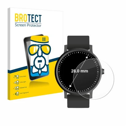 Front side of a product packaging with the brand logo BROTECT. Next to it is the device Watches (Circular, ø: 28 mm) shown wit