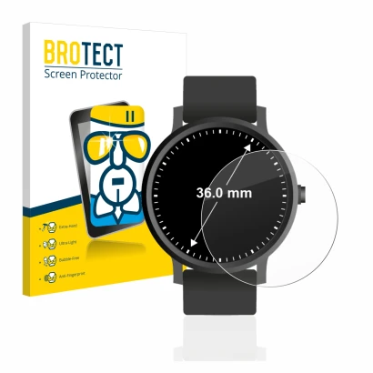Front side of a product packaging with the brand logo BROTECT. Next to it is the device Watches (Circular, ø: 36 mm) shown wit