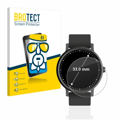 Front side of a product packaging with the brand logo BROTECT. Next to it is the device Watches (Circular, ø: 33 mm) shown wit