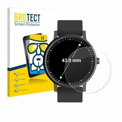 Front side of a product packaging with the brand logo BROTECT. Next to it is the device Watches (Circular, ø: 43 mm) shown wit