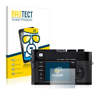 Front side of a product packaging with the brand logo BROTECT. Next to it is the device Leica M8 shown with the corresponding 