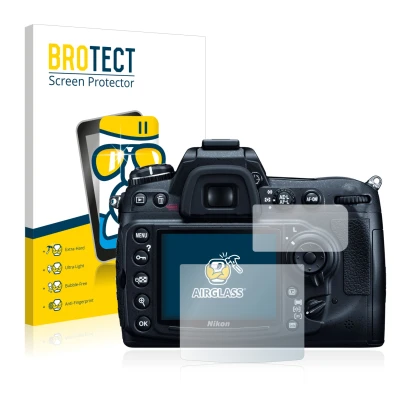 Front side of a product packaging with the brand logo BROTECT. Next to it is the device Nikon D300 shown with the correspondin