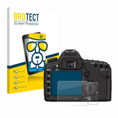 Front side of a product packaging with the brand logo BROTECT. Next to it is the device Canon EOS 5D Mark II shown with the co