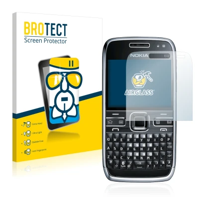 Front side of a product packaging with the brand logo BROTECT. Next to it is the device Nokia E72 shown with the corresponding