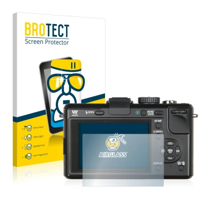 Front side of a product packaging with the brand logo BROTECT. Next to it is the device Panasonic Lumix DMC-GF1 shown with the