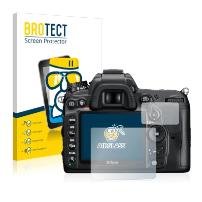 Front side of a product packaging with the brand logo BROTECT. Next to it is the device Nikon D7000 shown with the correspondi