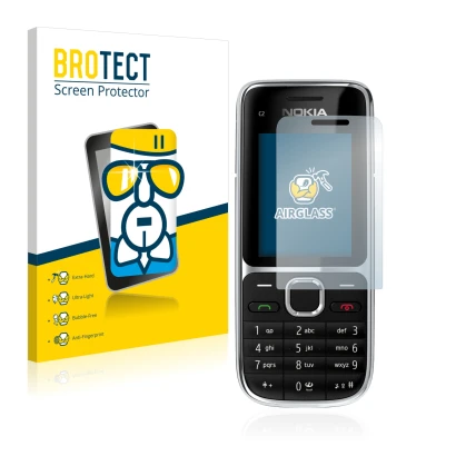 Front side of a product packaging with the brand logo BROTECT. Next to it is the device Nokia C2-01 shown with the correspondi