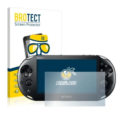 Front side of a product packaging with the brand logo BROTECT. Next to it is the device Sony Playstation Vita shown with the c