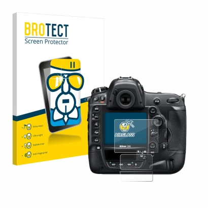 Front side of a product packaging with the brand logo BROTECT. Next to it is the device Nikon D4 shown with the corresponding