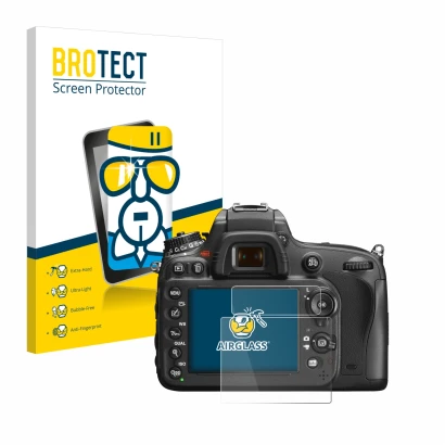 Front side of a product packaging with the brand logo BROTECT. Next to it is the device Nikon D600 shown with the correspondin