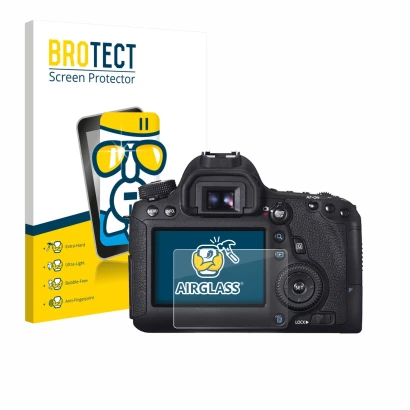 Front side of a product packaging with the brand logo BROTECT. Next to it is the device Canon EOS 6D shown with the correspond