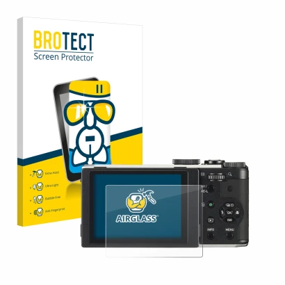 Front side of a product packaging with the brand logo BROTECT. Next to it is the device Pentax MX-1 shown with the correspondi