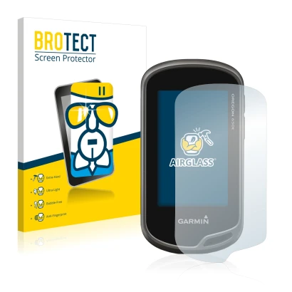 Front side of a product packaging with the brand logo BROTECT. Next to it is the device Garmin Oregon 650t shown with the corr