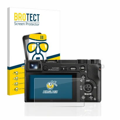 Front side of a product packaging with the brand logo BROTECT. Next to it is the device Sony Alpha 6000 shown with the corresp