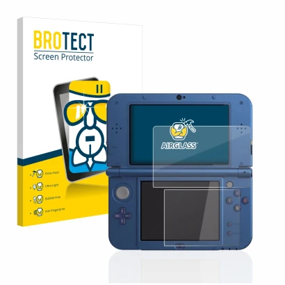 Front side of a product packaging with the brand logo BROTECT. Next to it is the device Nintendo New 3DS XL shown with the cor