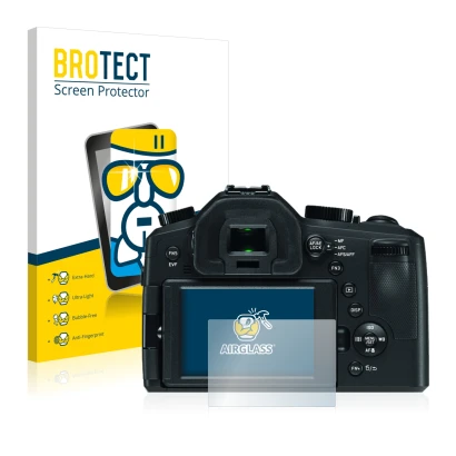 Front side of a product packaging with the brand logo BROTECT. Next to it is the device Leica V-LUX (Typ 114) shown with the c