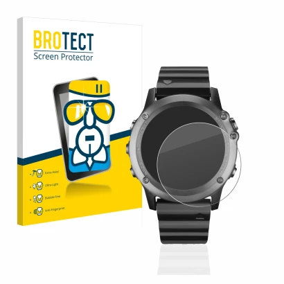Front side of a product packaging with the brand logo BROTECT. Next to it is the device Garmin Fenix 3 shown with the correspo