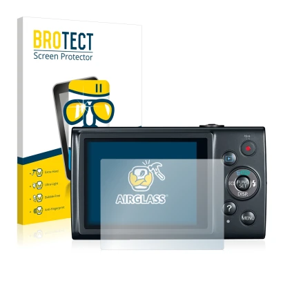 Front side of a product packaging with the brand logo BROTECT. Next to it is the device Canon IXUS 170 shown with the correspo