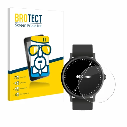 Front side of a product packaging with the brand logo BROTECT. Next to it is the device Watches (Circular, ø: 46 mm) shown wit