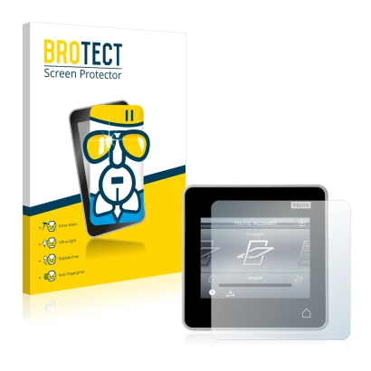 Front side of a product packaging with the brand logo BROTECT. Next to it is the device Velux Integra Control Pad KLR 200 show