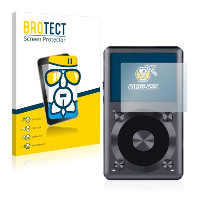 Front side of a product packaging with the brand logo BROTECT. Next to it is the device FiiO X3 II shown with the correspondin