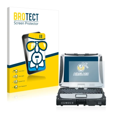 Front side of a product packaging with the brand logo BROTECT. Next to it is the device Panasonic Toughbook CF-19 shown with t