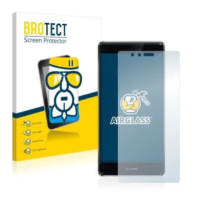 Front side of a product packaging with the brand logo BROTECT. Next to it is the device Huawei P9 Plus shown with the correspo