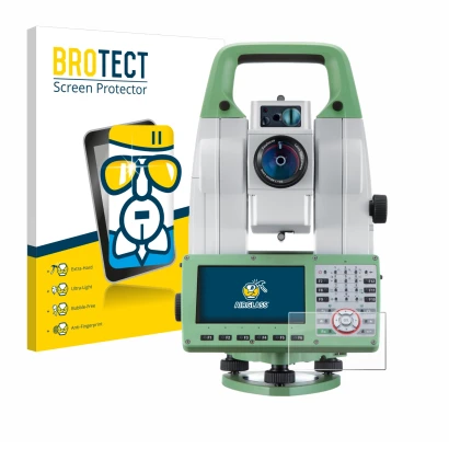 Front side of a product packaging with the brand logo BROTECT. Next to it is the device Leica Viva TS16 shown with the corresp