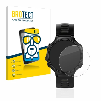 Front side of a product packaging with the brand logo BROTECT. Next to it is the device Garmin Forerunner 735XT shown with the