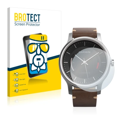 Front side of a product packaging with the brand logo BROTECT. Next to it is the device Garmin vivomove shown with the corresp