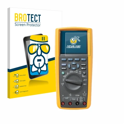 Front side of a product packaging with the brand logo BROTECT. Next to it is the device Fluke MultiMeter 289 shown with the co