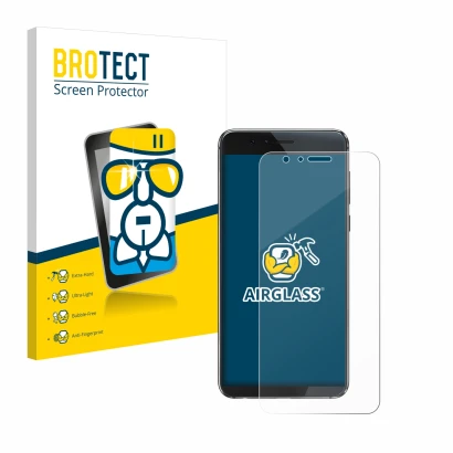 Front side of a product packaging with the brand logo BROTECT. Next to it is the device Honor 8 shown with the corresponding s