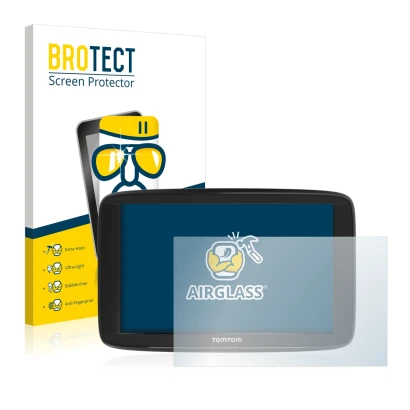 Front side of a product packaging with the brand logo BROTECT. Next to it is the device TomTom Start 62 shown with the corresp