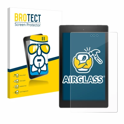Front side of a product packaging with the brand logo BROTECT. Next to it is the device Amazon Fire HD 8 2017 shown with the c