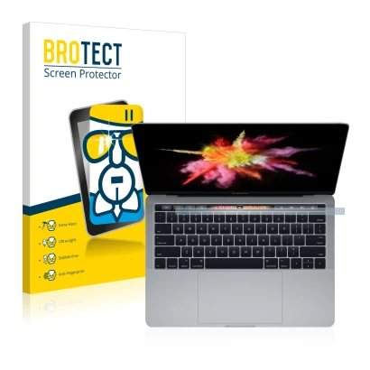 Front side of a product packaging with the brand logo BROTECT. Next to it is the device Apple MacBook Pro 13" 2017 (Lower disp