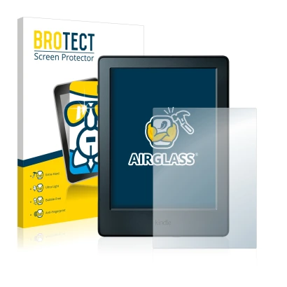 Front side of a product packaging with the brand logo BROTECT. Next to it is the device Amazon Kindle 2016 (8th Gen.) shown wi