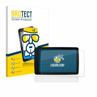 Front side of a product packaging with the brand logo BROTECT. Next to it is the device BMW Motorrad Navigator VI shown with t