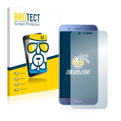 Front side of a product packaging with the brand logo BROTECT. Next to it is the device Honor 8 Pro shown with the correspondi