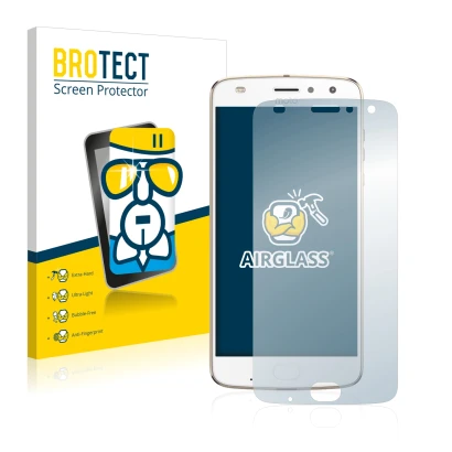 Front side of a product packaging with the brand logo BROTECT. Next to it is the device Lenovo Moto Z2 Play shown with the cor