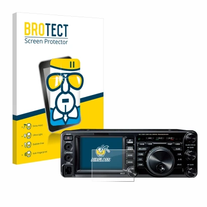 Front side of a product packaging with the brand logo BROTECT. Next to it is the device Yaesu FT-991A shown with the correspon