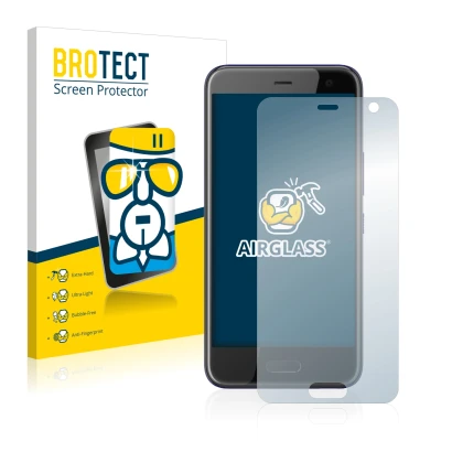 Front side of a product packaging with the brand logo BROTECT. Next to it is the device HTC U11 Life shown with the correspond