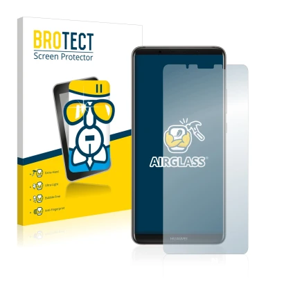 Front side of a product packaging with the brand logo BROTECT. Next to it is the device Huawei Mate 10 Pro shown with the corr