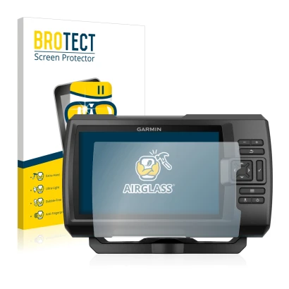 Front side of a product packaging with the brand logo BROTECT. Next to it is the device Garmin Striker Plus 5cv shown with the