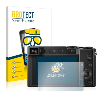 Front side of a product packaging with the brand logo BROTECT. Next to it is the device Panasonic Lumix DMC-TZ100 shown with t