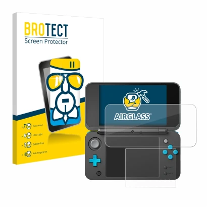 Front side of a product packaging with the brand logo BROTECT. Next to it is the device New Nintendo 2DS XL shown with the cor
